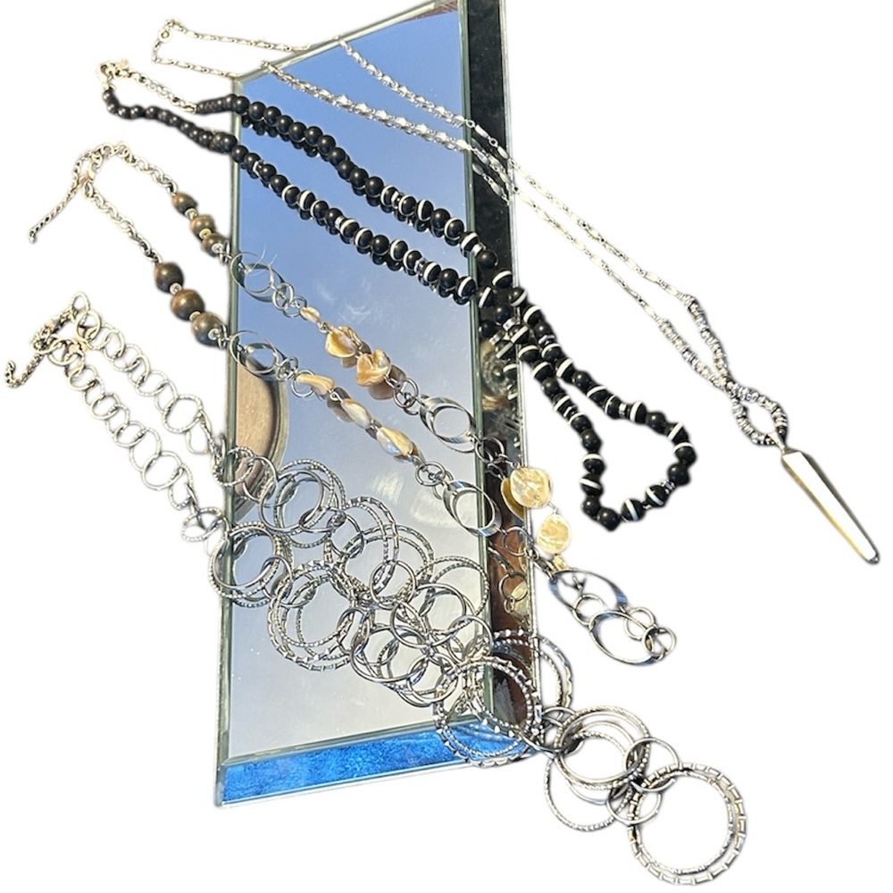 Lot of Four Costume Jewelry Necklaces Silver Tone Black Brown Beads Stones Layer